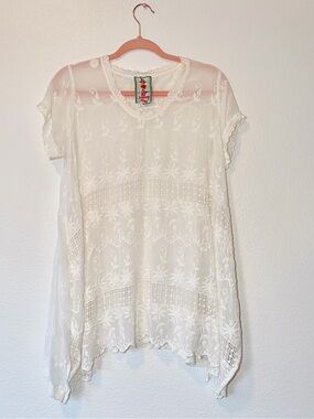 Johnny Was White Sheer Embroidered Boho Tunic Top